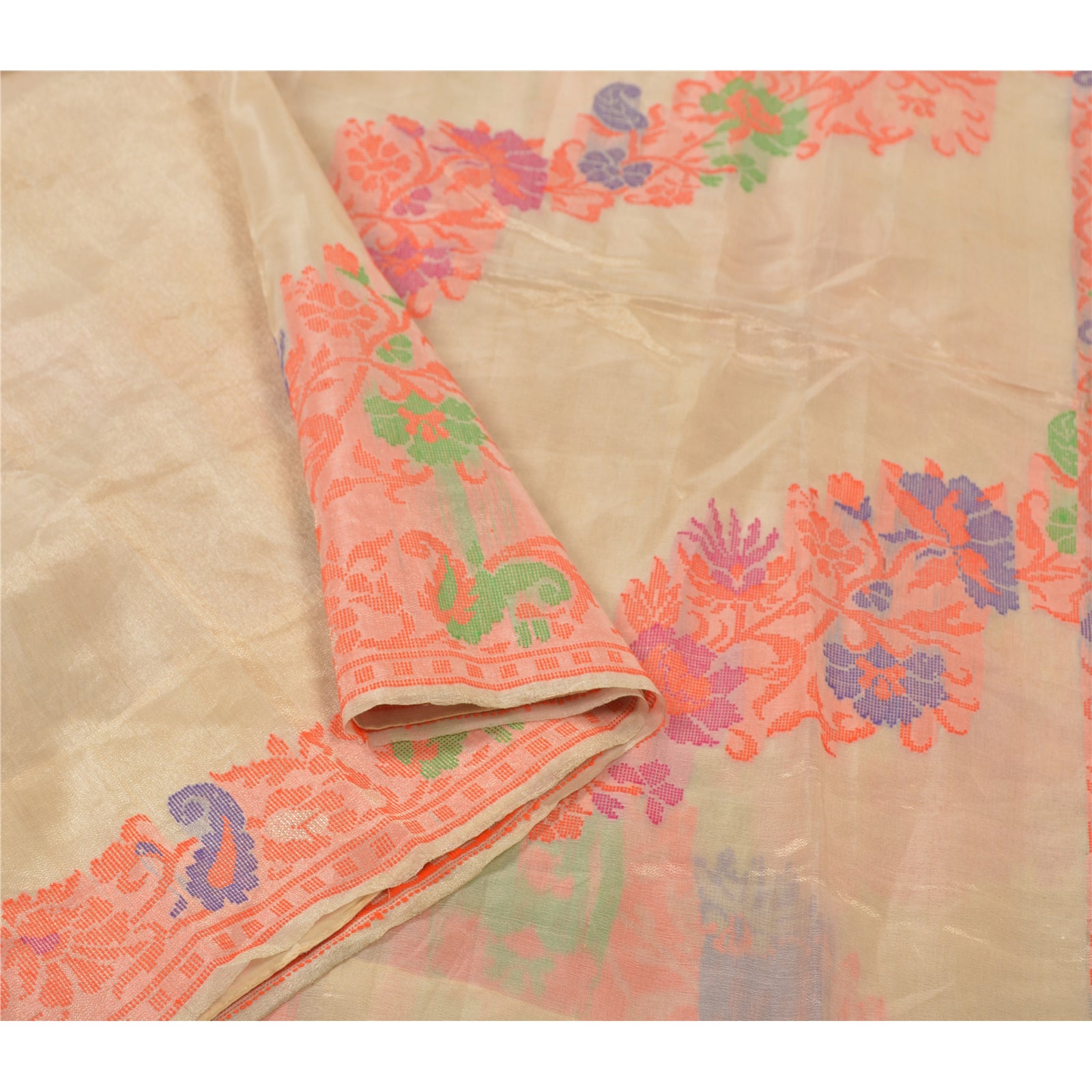 Sanskriti Vintage Handwoven 100% Pure Tissue Silk Golden Saree: Vintage Indian Craft Fabric Boho Quilting Material For DIY Projects