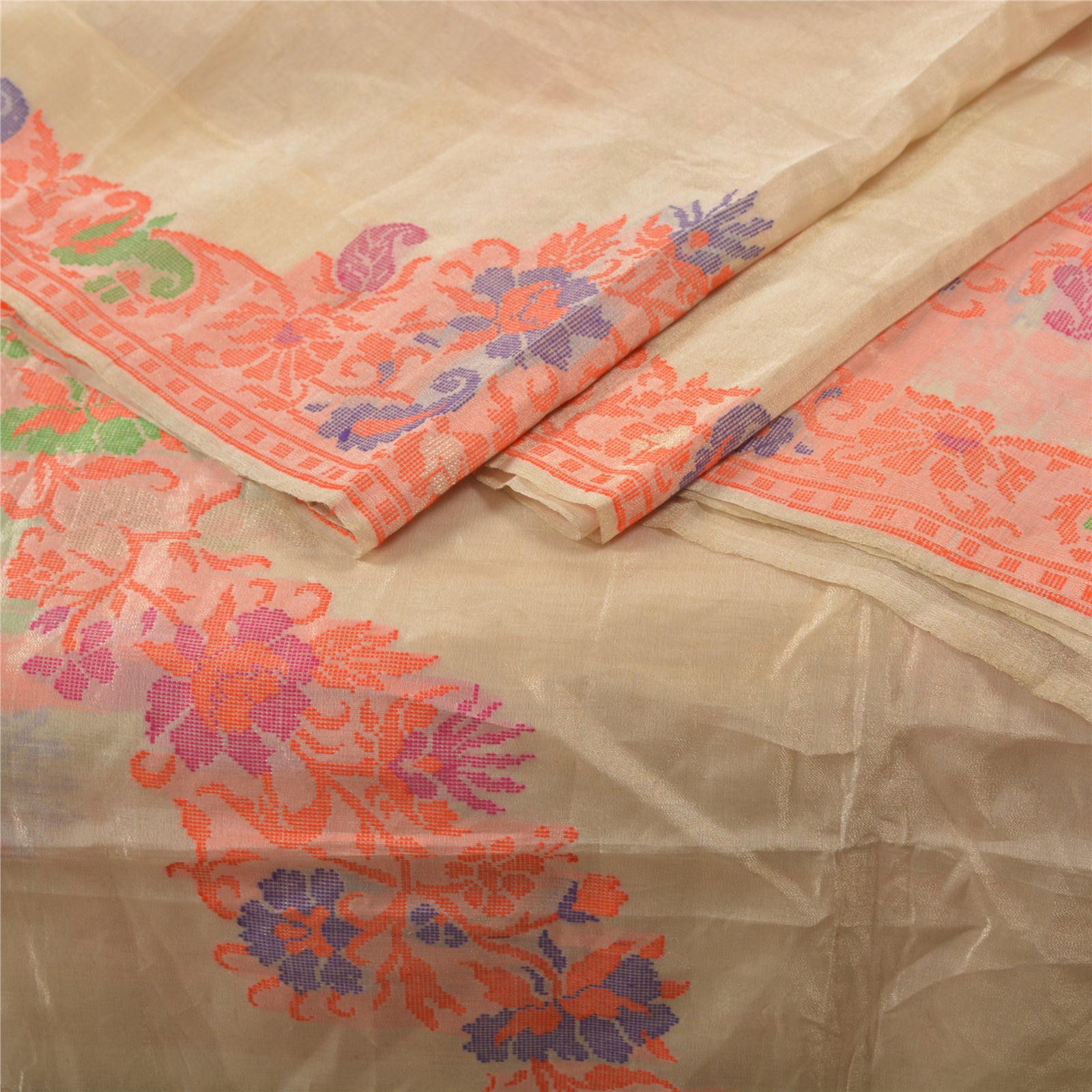 Sanskriti Vintage Handwoven 100% Pure Tissue Silk Golden Saree: Vintage Indian Craft Fabric Boho Quilting Material For DIY Projects