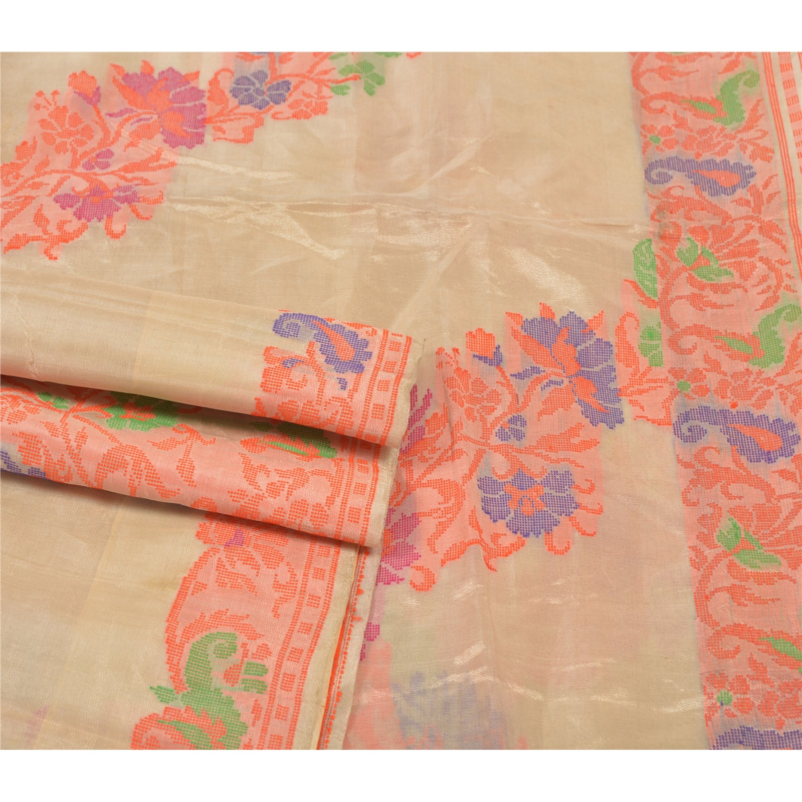 Sanskriti Vintage Handwoven 100% Pure Tissue Silk Golden Saree: Vintage Indian Craft Fabric Boho Quilting Material For DIY Projects