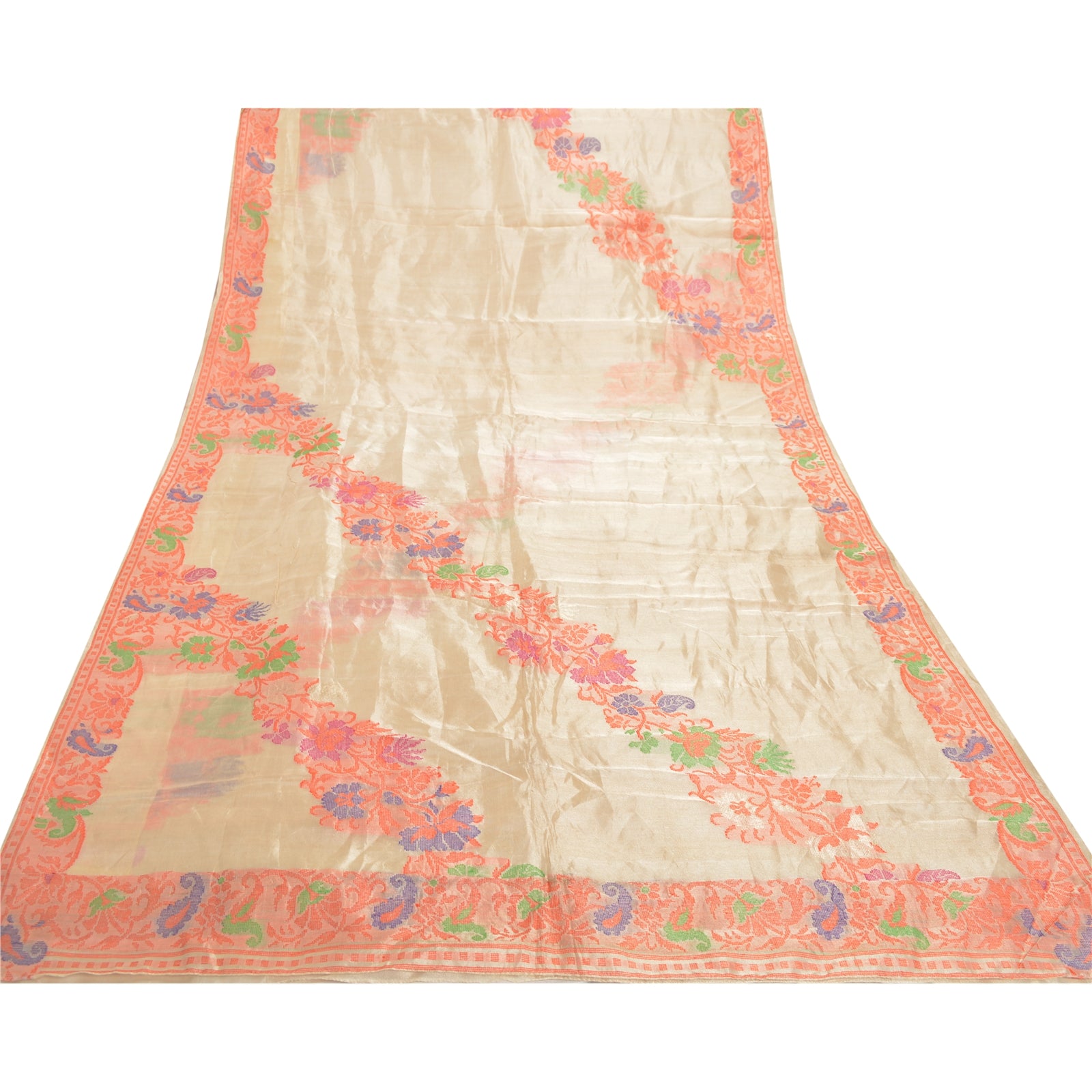 Sanskriti Vintage Handwoven 100% Pure Tissue Silk Golden Saree: Vintage Indian Craft Fabric Boho Quilting Material For DIY Projects