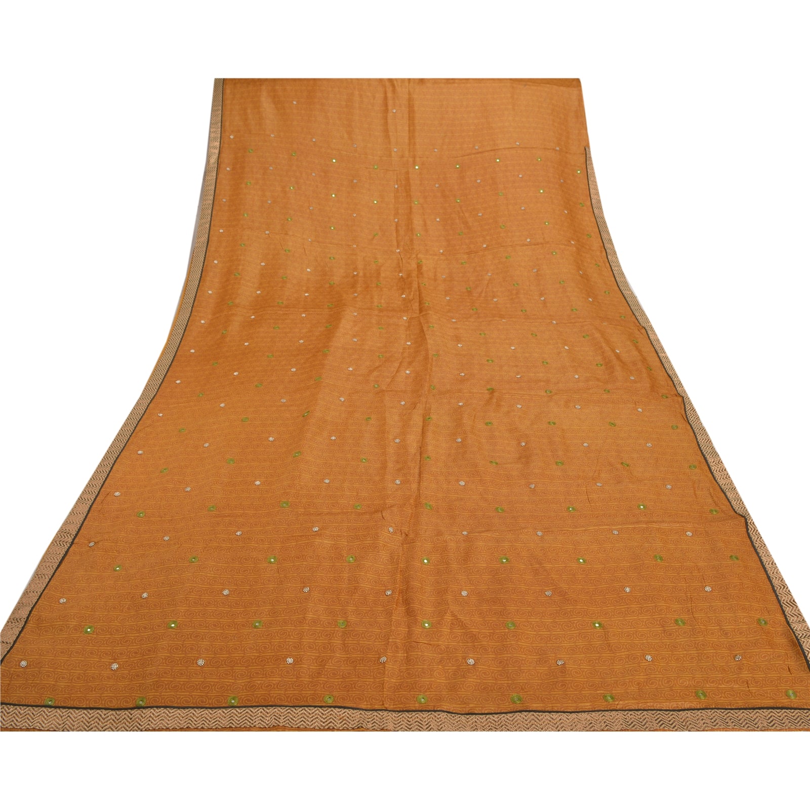 Sanskriti Vintage Saree 100% Pure Tussar Silk Mustard Yellow Sarees Hand Beaded Mirror Work 5+yd Craft Fabric Indian Heritage Textile