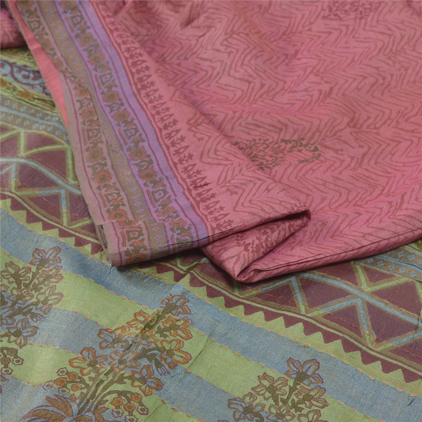 Sanskriti Vintage Saree 100% Pure Tussar Silk Pink & Green Sarees Hand Block Print 6 yd Fabric Create-Floral Dresses, Kaftans, Project