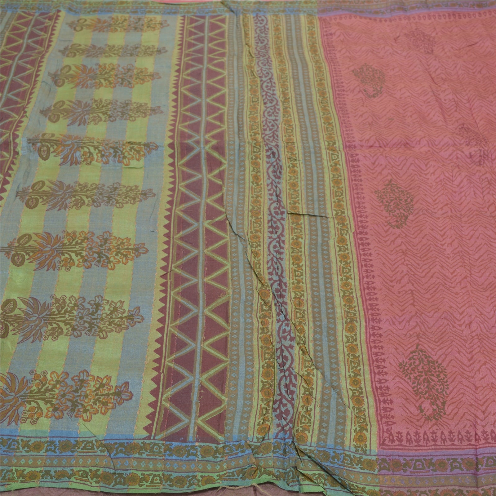 Sanskriti Vintage Saree 100% Pure Tussar Silk Pink & Green Sarees Hand Block Print 6 yd Fabric Create-Floral Dresses, Kaftans, Project