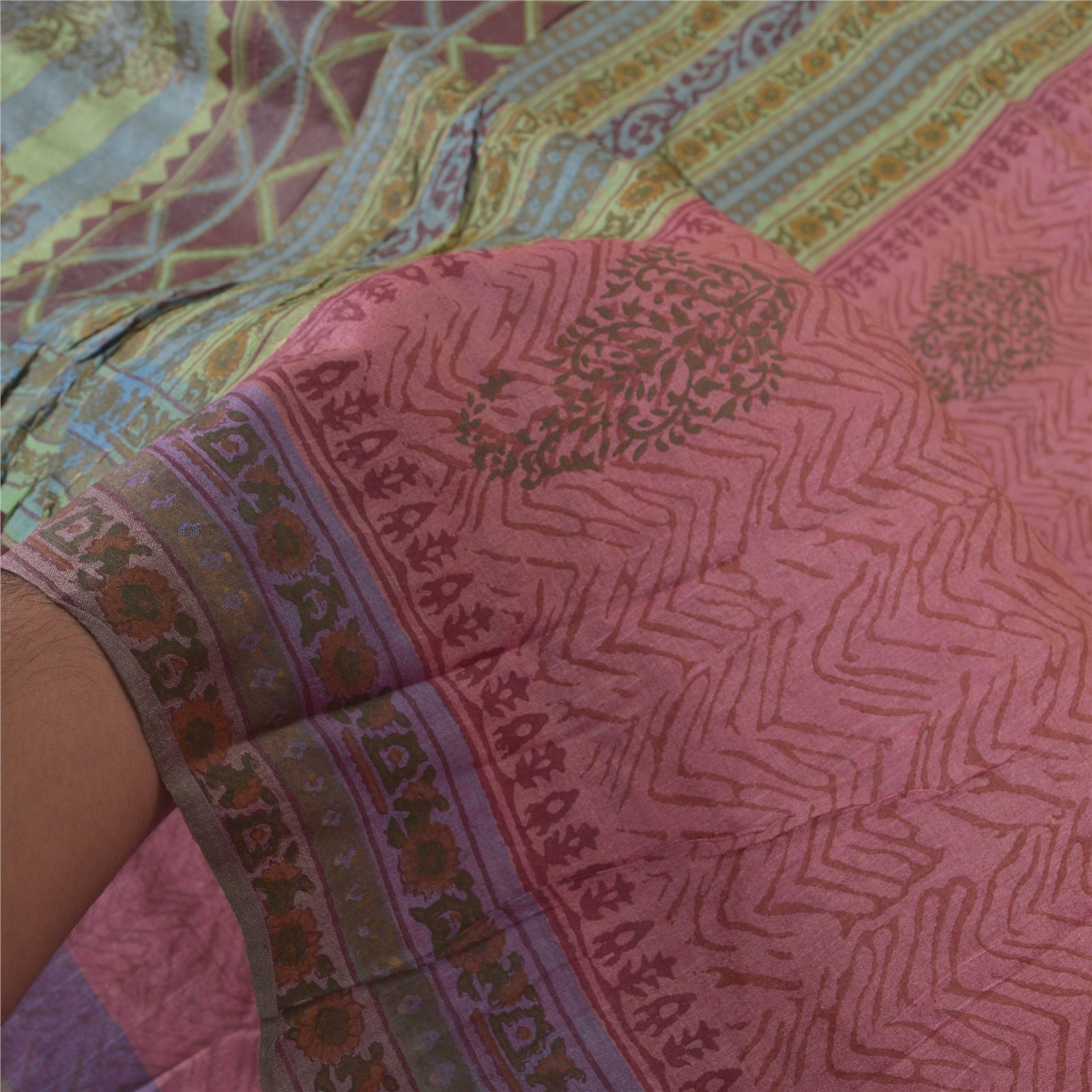Sanskriti Vintage Saree 100% Pure Tussar Silk Pink & Green Sarees Hand Block Print 6 yd Fabric Create-Floral Dresses, Kaftans, Project