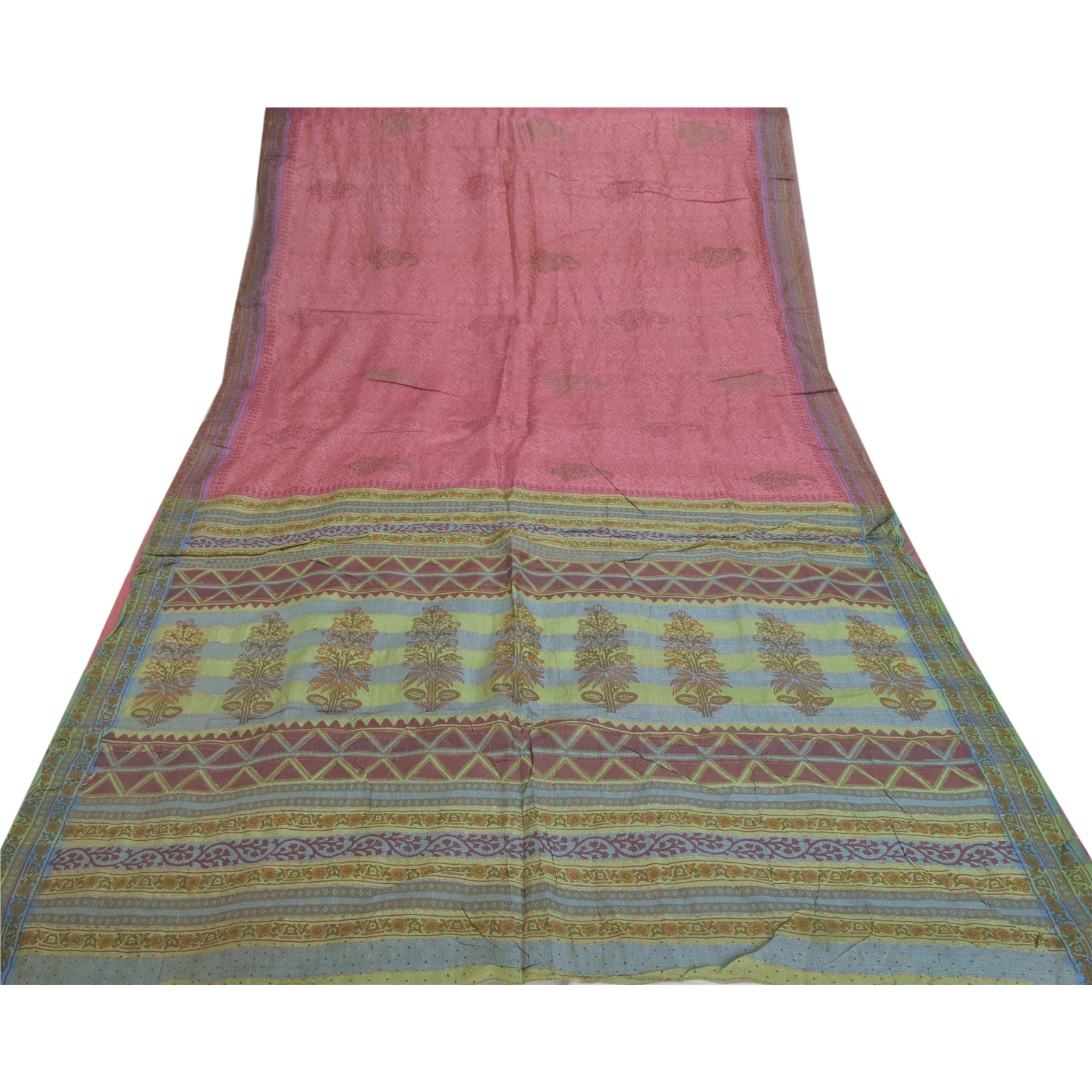 Sanskriti Vintage Saree 100% Pure Tussar Silk Pink & Green Sarees Hand Block Print 6 yd Fabric Create-Floral Dresses, Kaftans, Project