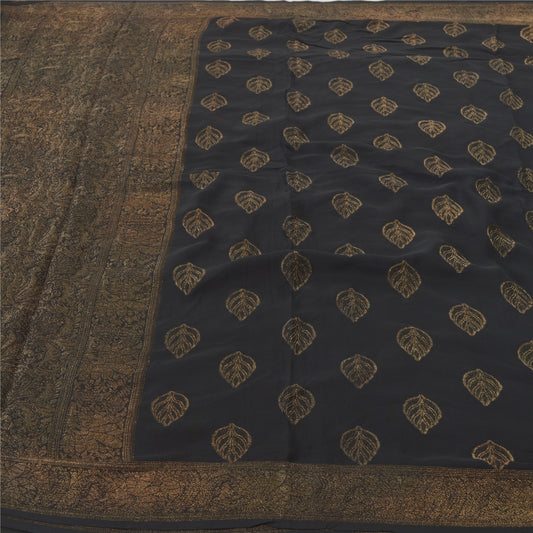 Sanskriti Vintage Sorte Tunge Sarier 100% Ren Georgette Silke Vævet Sari Bæredygtigt Stof