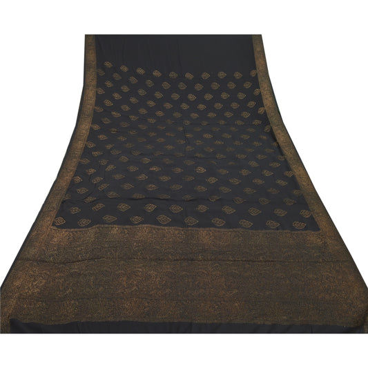 Sanskriti Vintage Sorte Tunge Sarier 100% Ren Georgette Silke Vævet Sari Bæredygtigt Stof