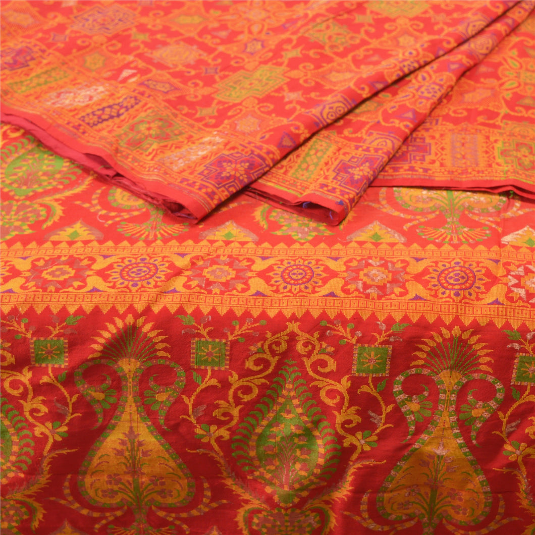 Sanskriti Vintage Red Heavy Indian Sari 100% Pure Silk Woven Sarees 5 YD Fabric