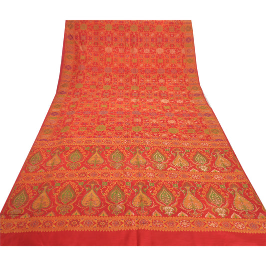 Sanskriti Vintage Red Heavy Indian Sari 100% Pure Silk Woven Sarees 5 YD Sustainable Fabric