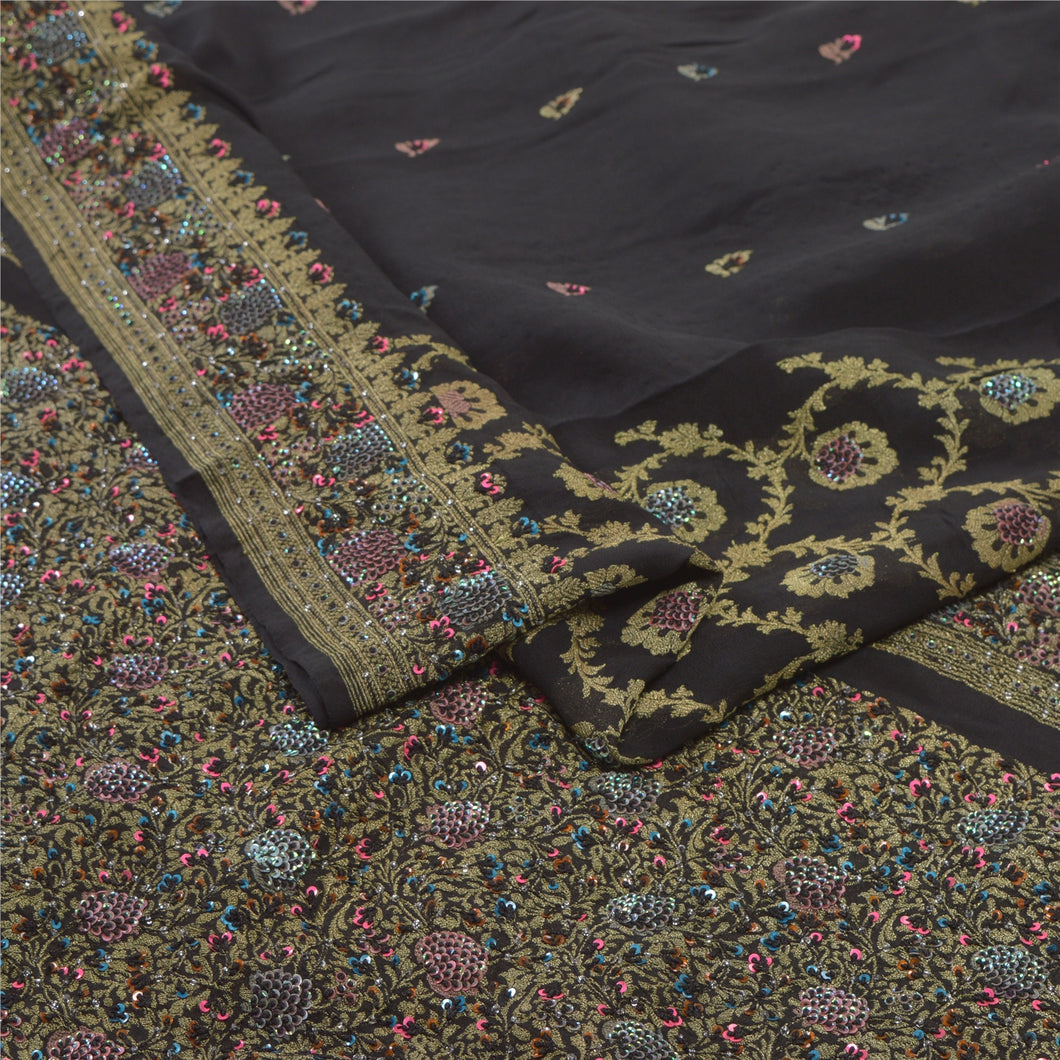 Sanskriti Vintage Black Heavy Sarees Pure Georgette Silk Hand Beaded Sari Fabric