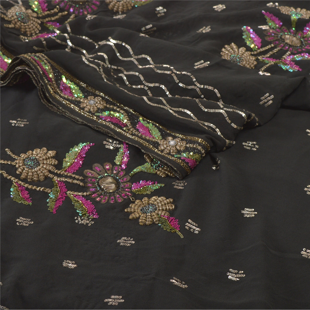 Sanskriti Vintage Heavy Sarees Pure Georgette Silk Handmade Black Sari Fabric