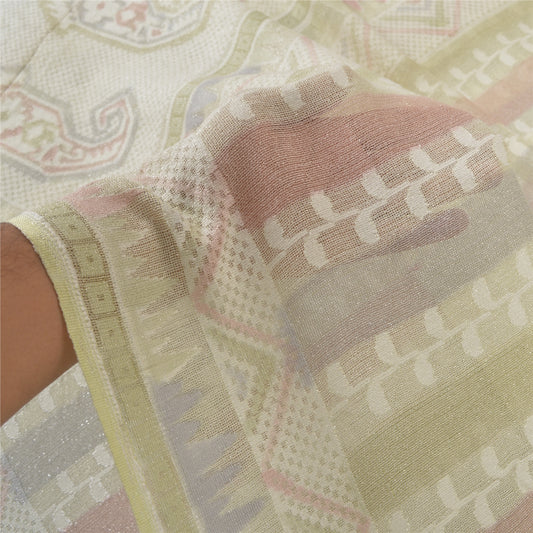 Sanskriti Vintage Cream Heavy Indian Sari Pure Silk Woven Sarees 5 Yard Sustainable Fabric