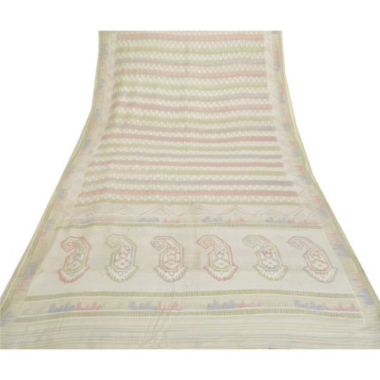 Sanskriti Vintage Cream Heavy Indian Sari Pure Silk Woven Sarees 5 Yard Sustainable Fabric