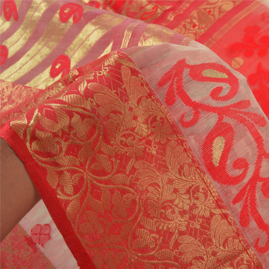 Sanskriti Vintage Red Heavy Wedding Sari Blend Silk Woven Sarees 5 Yard Sustainable Fabric