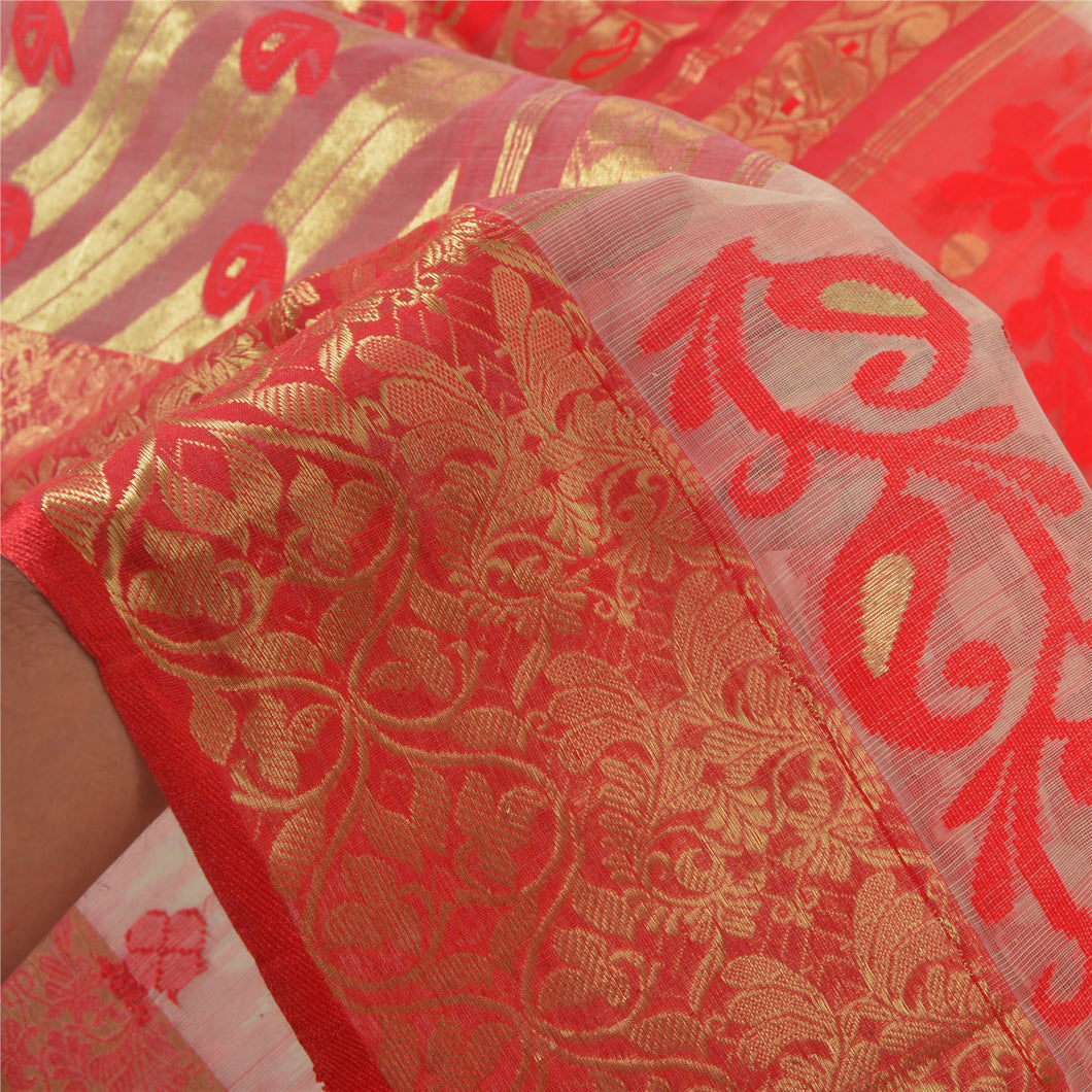 Sanskriti Vintage Red Heavy Wedding Sari Blend Silk Woven Sarees 5 Yard Fabric