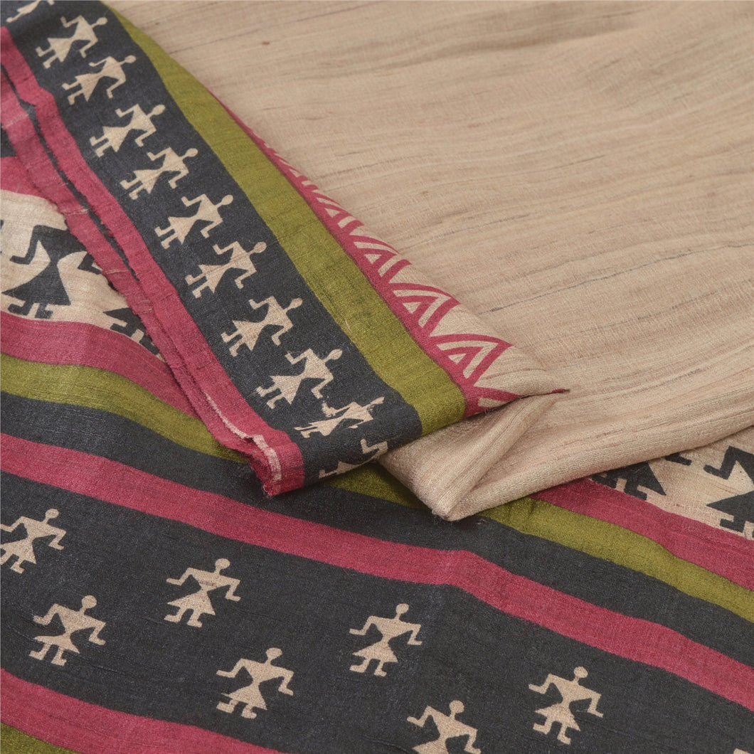 Sanskriti Vintage Cream Heavy Sarees Pure Handloom Silk Printed Wrali Sari Fabric