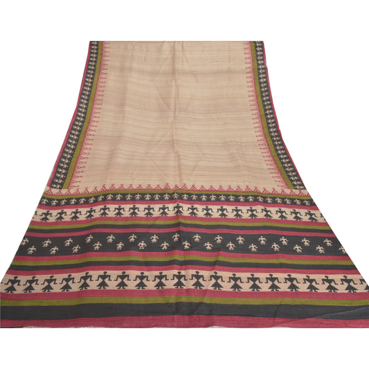 Sanskriti Vintage Cream Heavy Sarees Pure Handloom Silk Printed Wrali Sari Sustainable Fabric