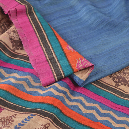 Sanskriti Vintage Blue Heavy Sarees Pure Handloom Silk Printed Sari 5 Yard Sustainable Fabric