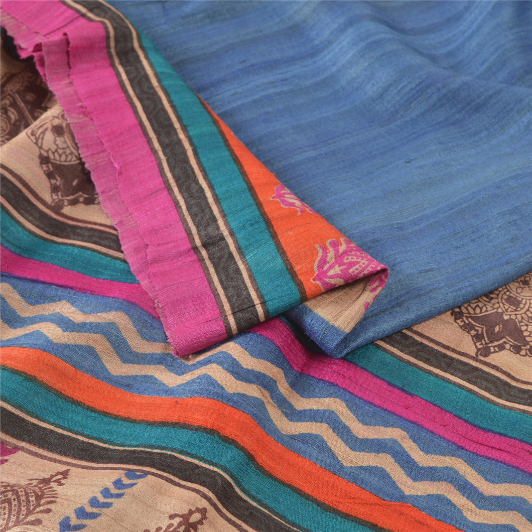 Sanskriti Vintage Blue Heavy Sarees Pure Handloom Silk Printed Sari 5 Yard Fabric