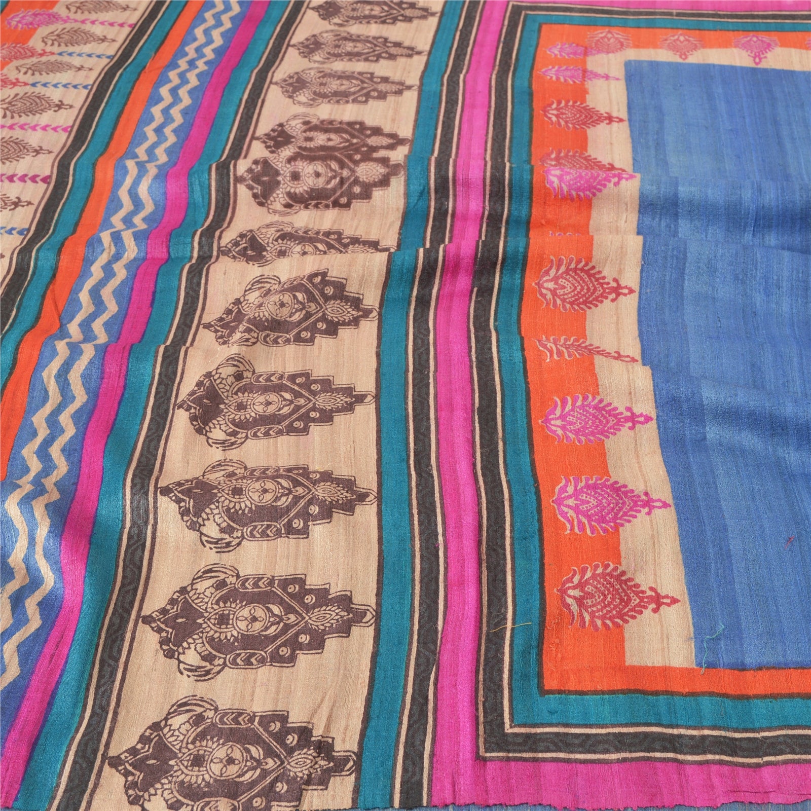Sanskriti Vintage Saree 100% Pure Handloom Silk Blue Indian Sarees Hand Block Printed 5 Yd Fabric Indian Heritage Textile Craft Supplies