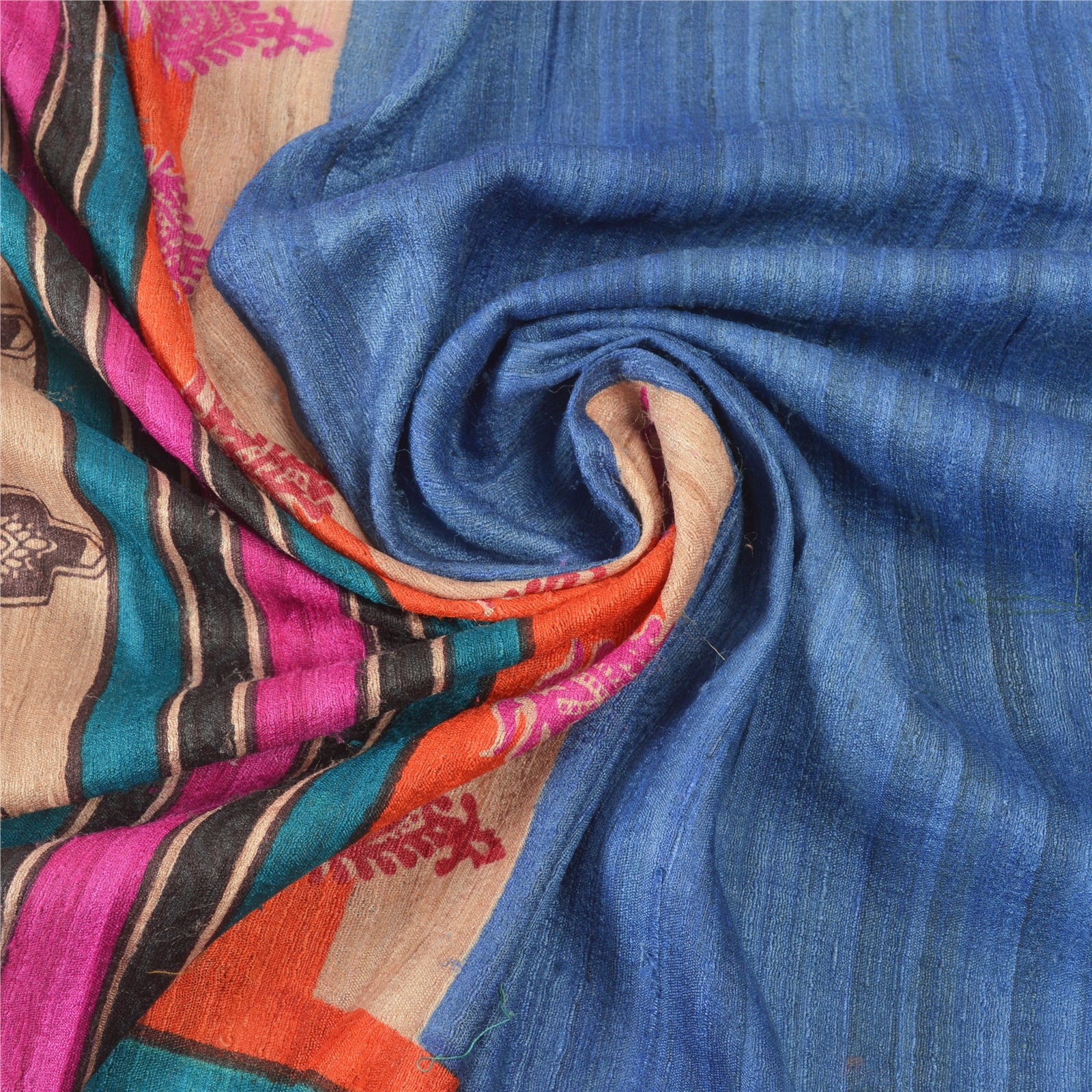 Sanskriti Vintage Saree 100% Pure Handloom Silk Blue Indian Sarees Hand Block Printed 5 Yd Fabric Indian Heritage Textile Craft Supplies