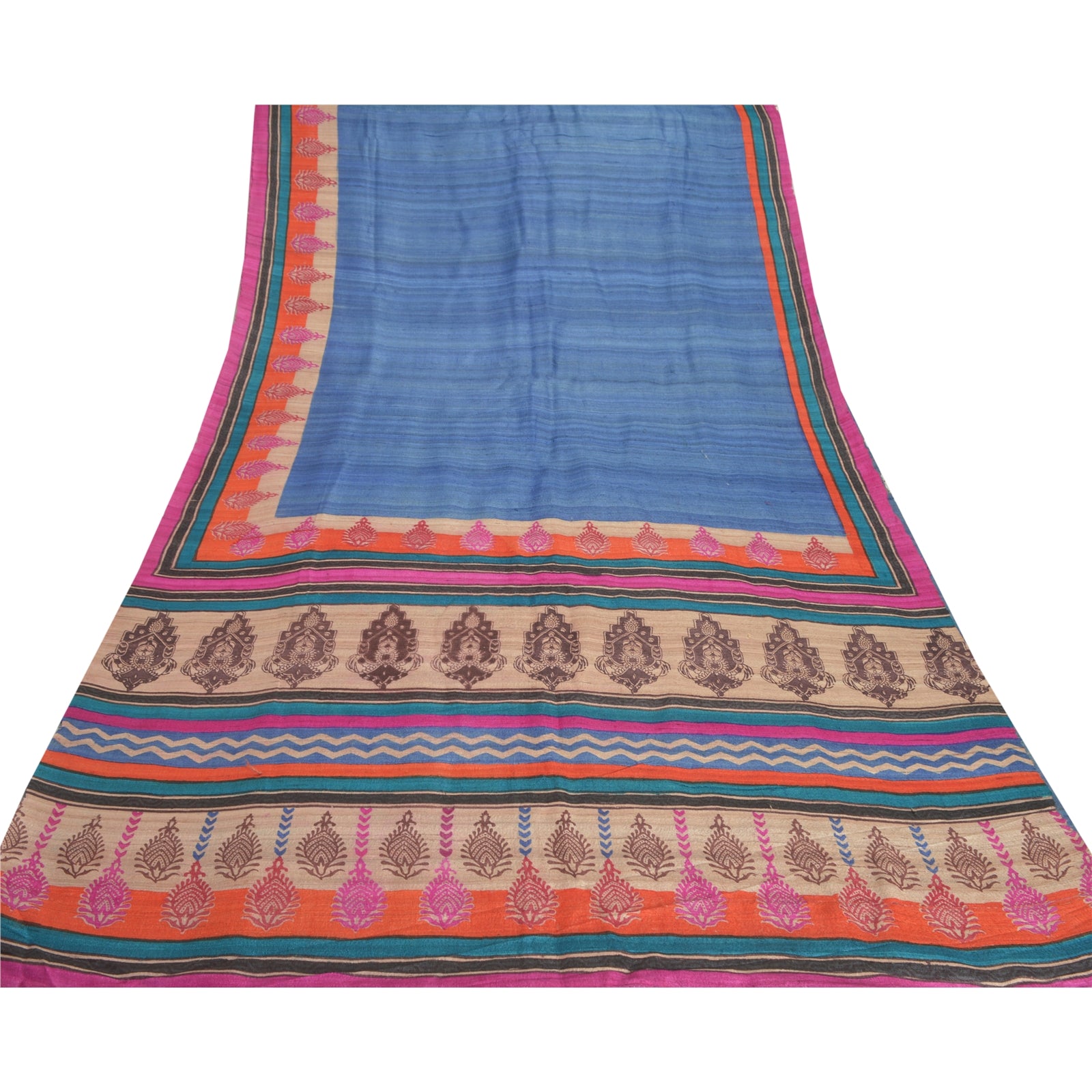 Sanskriti Vintage Saree 100% Pure Handloom Silk Blue Indian Sarees Hand Block Printed 5 Yd Fabric Indian Heritage Textile Craft Supplies
