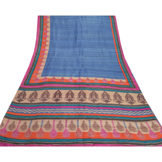 Sanskriti Vintage Blue Heavy Sarees Pure Handloom Silk Printed Sari 5 Yard Sustainable Fabric