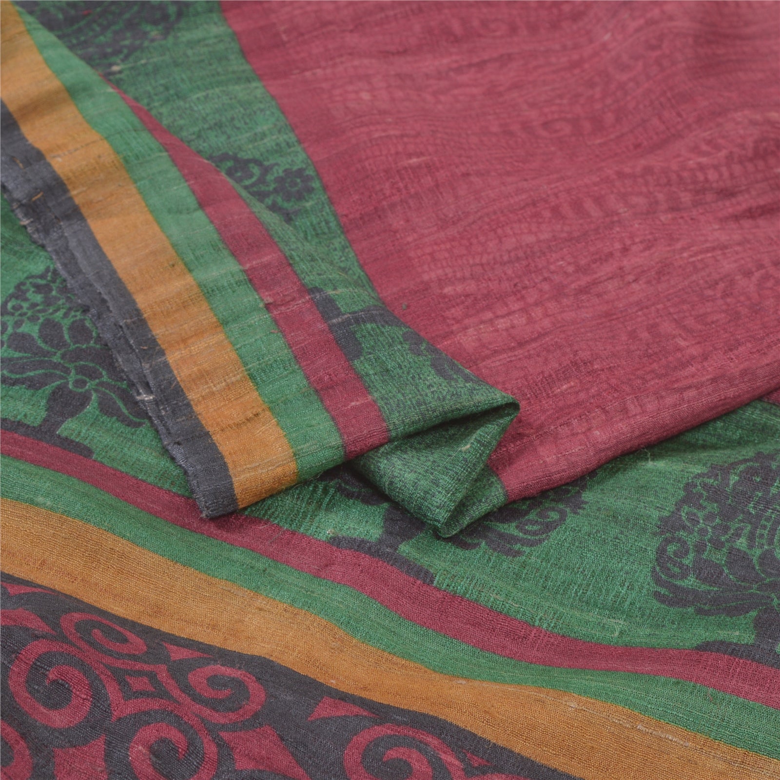 Sanskriti Vintage Saree 100% Pure Handloom Silk Dark Red & Green Heavy Hand Block Print Woven Sarees 6yd Craft Fabric Ideal for Bag Making