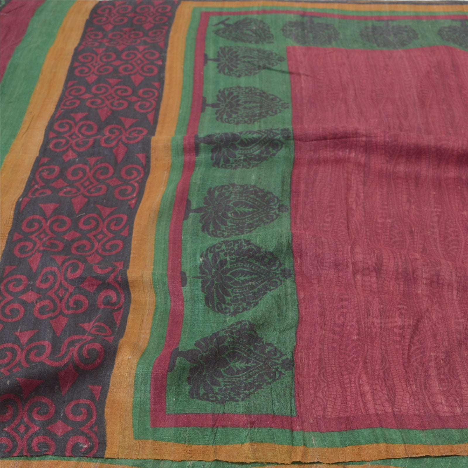 Sanskriti Vintage Saree 100% Pure Handloom Silk Dark Red & Green Heavy Hand Block Print Woven Sarees 6yd Craft Fabric Ideal for Bag Making
