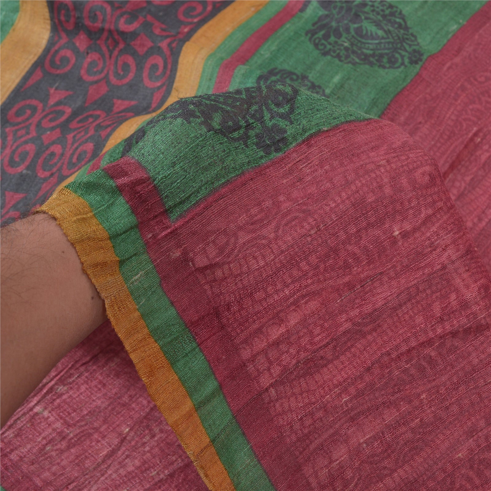 Sanskriti Vintage Saree 100% Pure Handloom Silk Dark Red & Green Heavy Hand Block Print Woven Sarees 6yd Craft Fabric Ideal for Bag Making