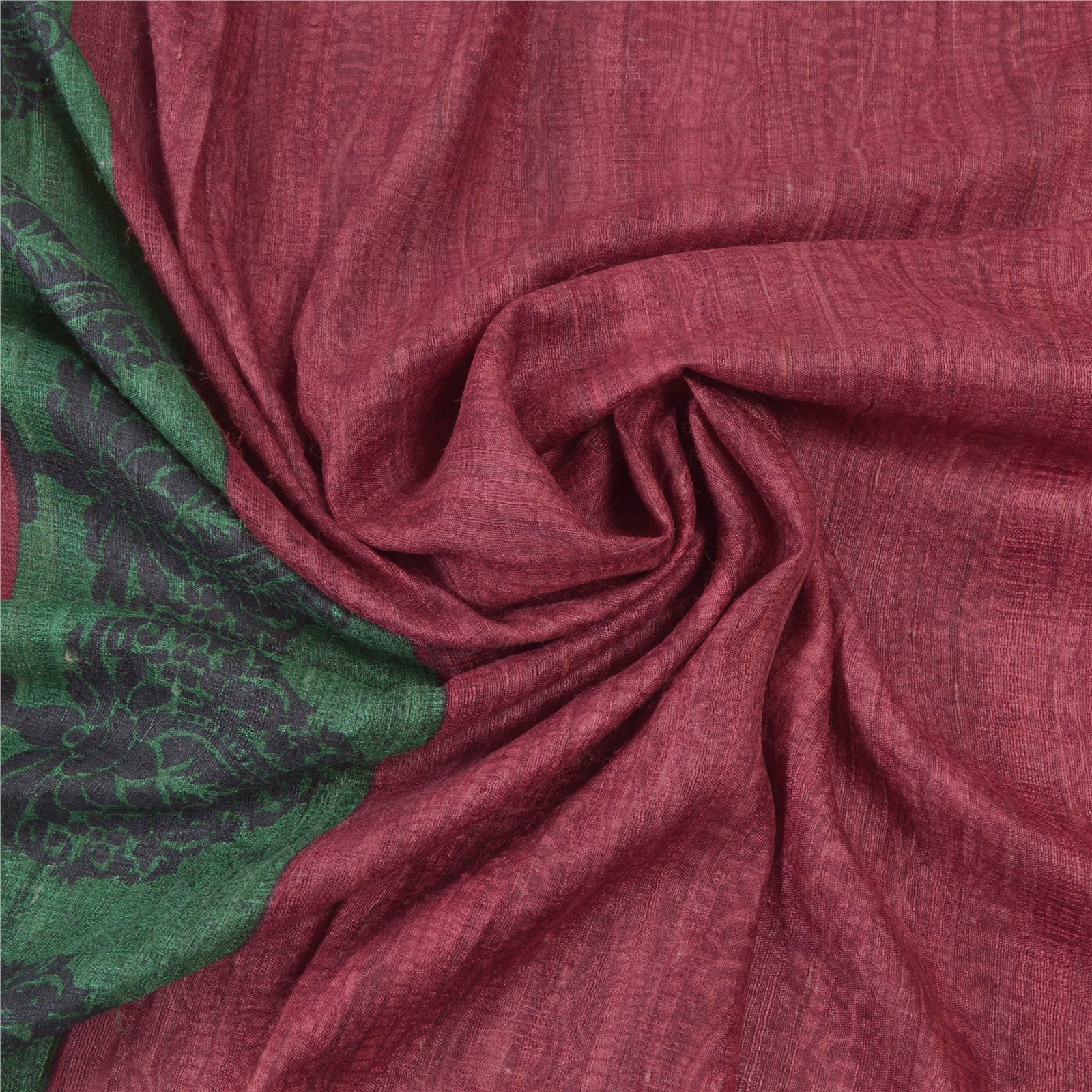Sanskriti Vintage Saree 100% Pure Handloom Silk Dark Red & Green Heavy Hand Block Print Woven Sarees 6yd Craft Fabric Ideal for Bag Making