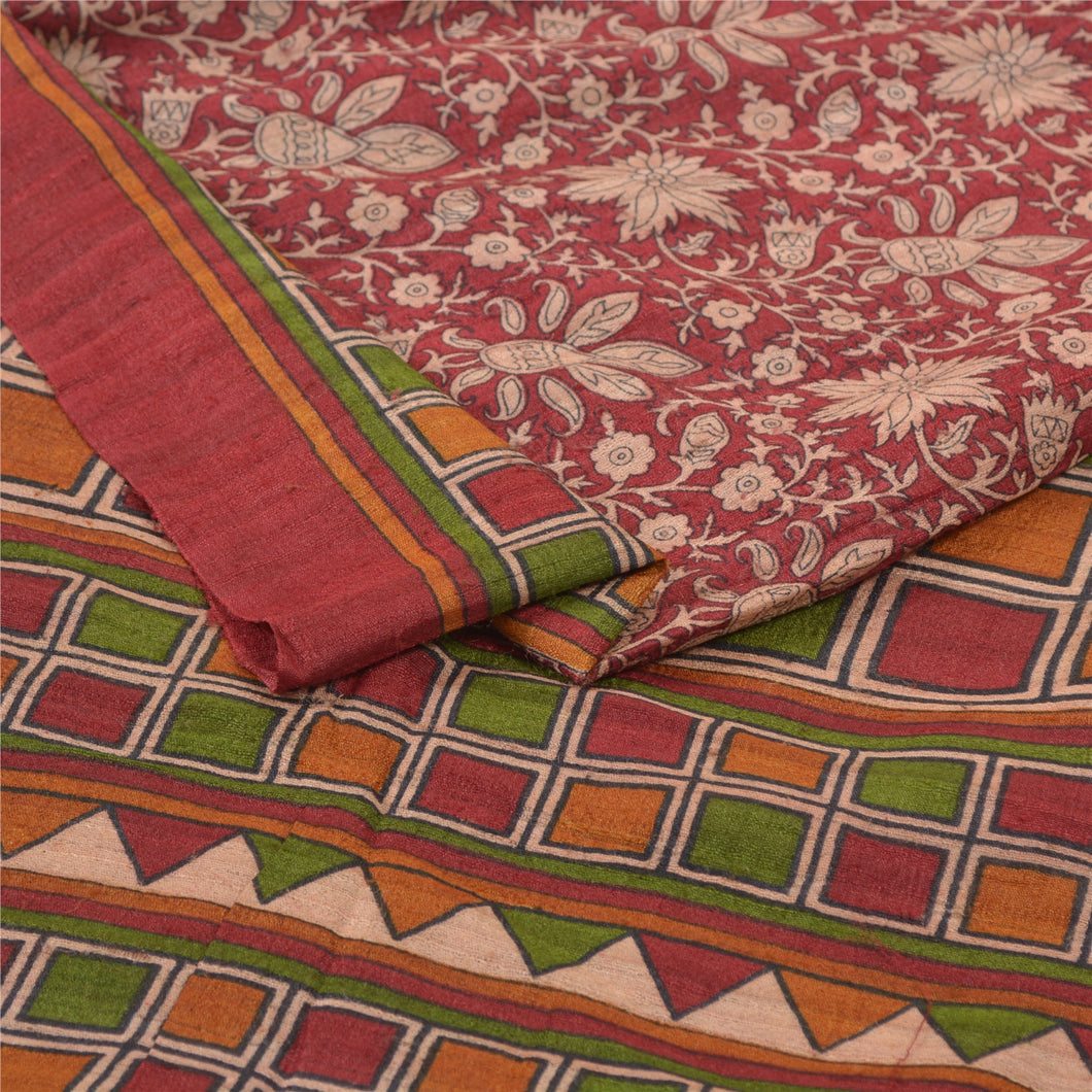 Sanskriti Vintage Heavy Dark Red Sarees Pure Handloom Silk Print/Woven Sari Fabric