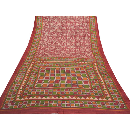 Sanskriti Vintage Heavy Dark Red Sarees Pure Handloom Silk Print/Woven Sari Sustainable Fabric