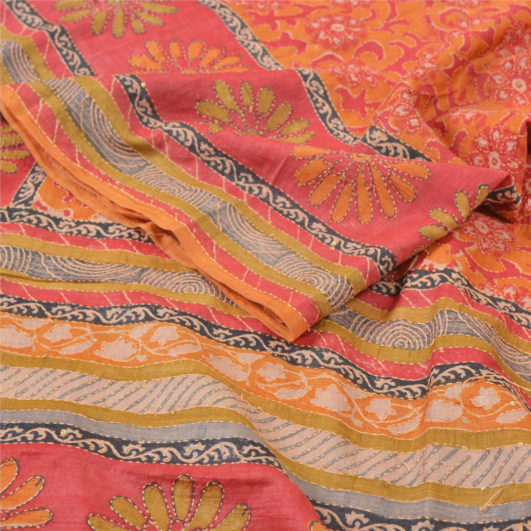 Sanskriti Vintage Mustard Heavy Sarees Pure Silk Hand Beaded Kantha Sari Fabric