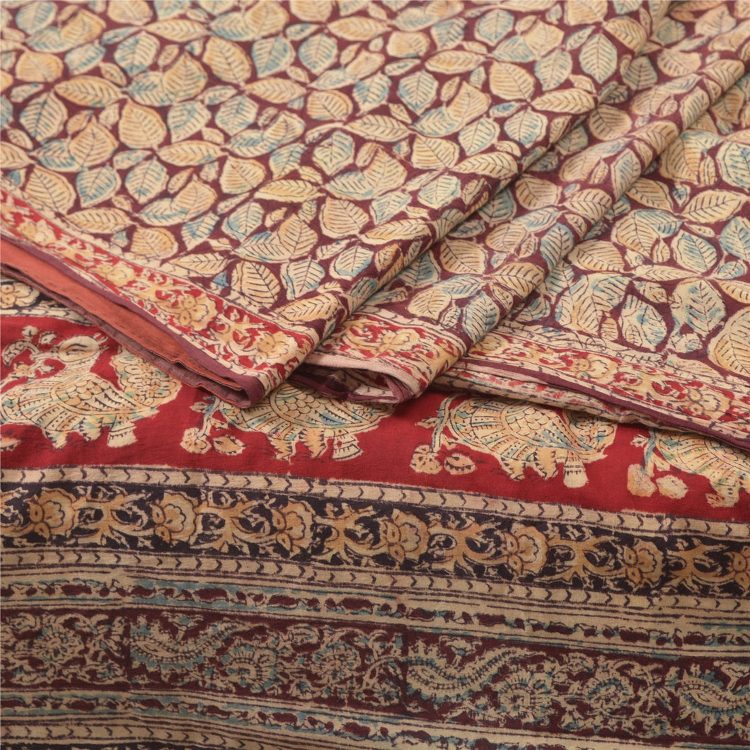 Sanskriti Vintage Brown Heavy Indian Sari Pure Cotton Kalamkari Sarees Fabric