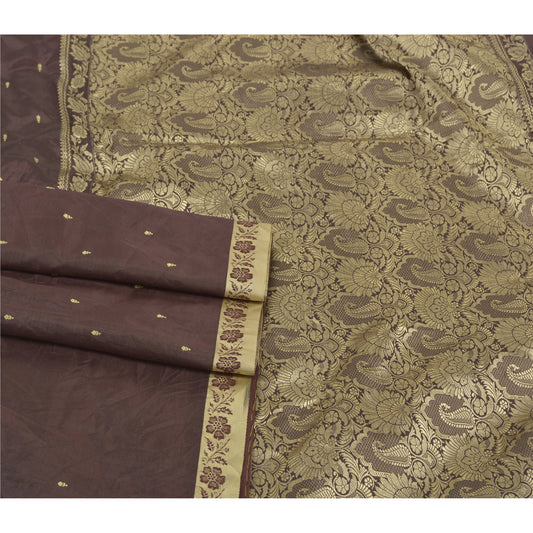 Sanskriti Vintage Brown Heavy Saree 100% Pure Silk Woven Tanchoi Sari Sustainable Fabric