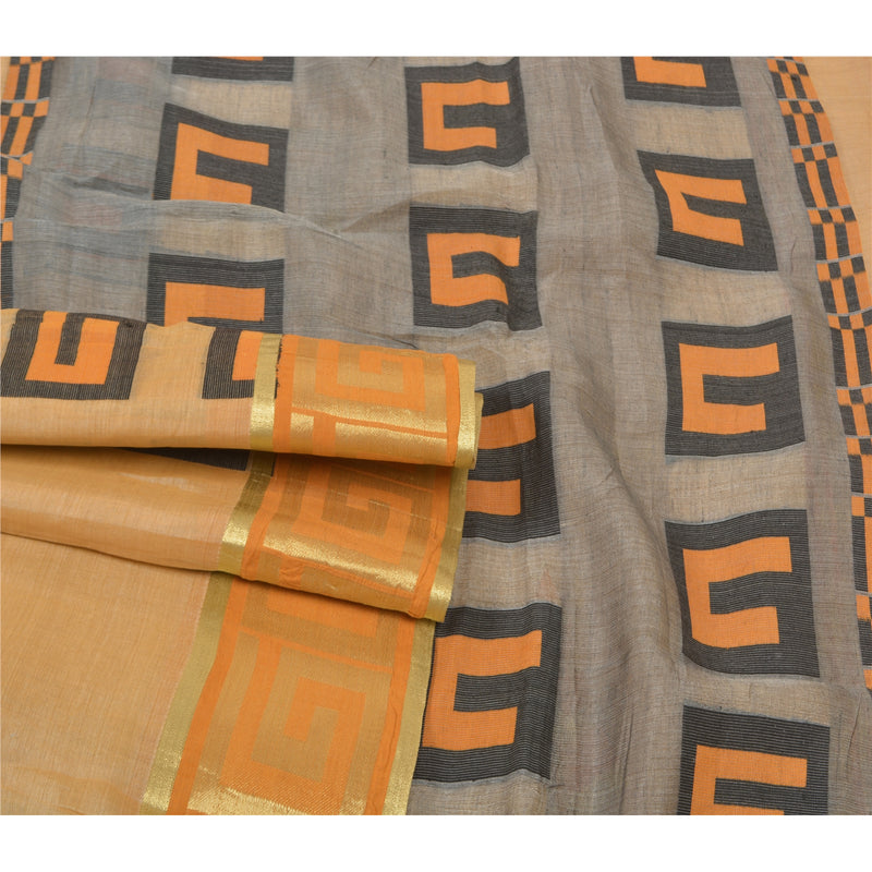 Sanskriti Vintage Hand-Woven 100% Pure Cotton Saree: Fawn Geometric Woven Saree Fabric - Upcycled Craft Textile Meterial