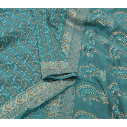 Sanskriti Vintage Heavy Sarees 100% Pure Silk Teel Blue Woven Indian Sari