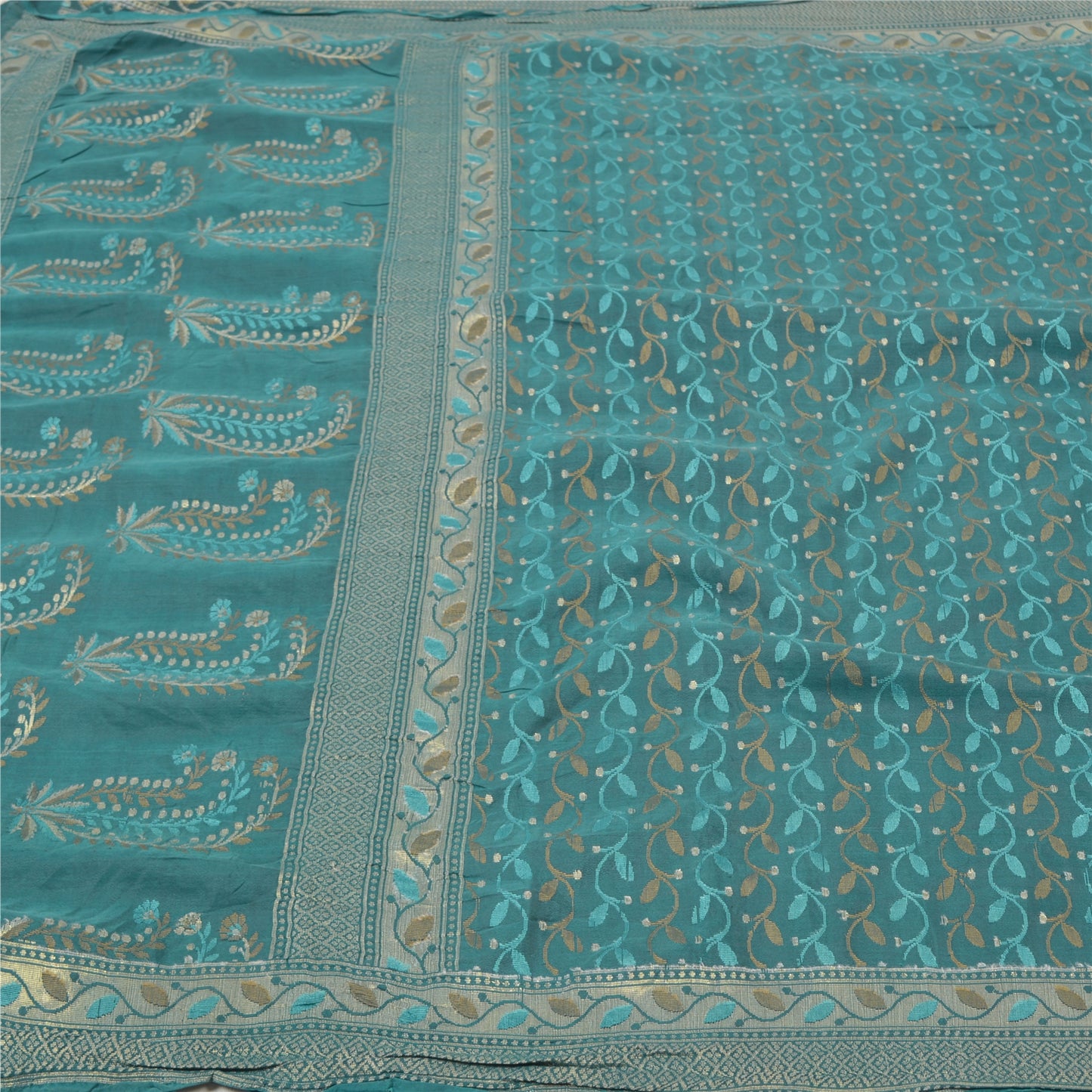 Sanskriti Vintage Heavy Sarees 100% Pure Silk Teel Blue Woven Indian Sari