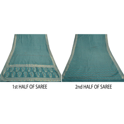 Sanskriti Vintage Heavy Sarees 100% Pure Silk Teel Blue Woven Indian Sari