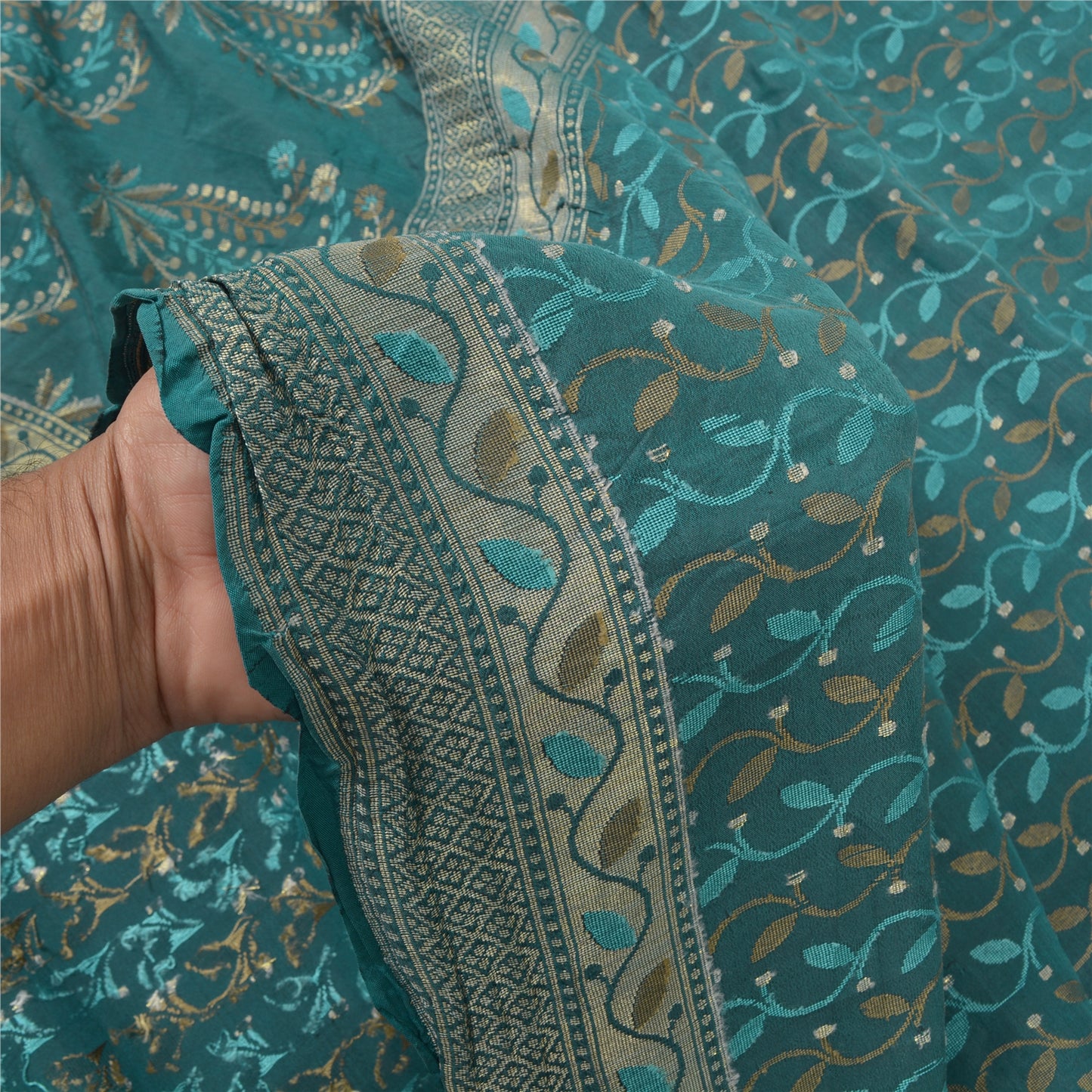 Sanskriti Vintage Heavy Sarees 100% Pure Silk Teel Blue Woven Indian Sari