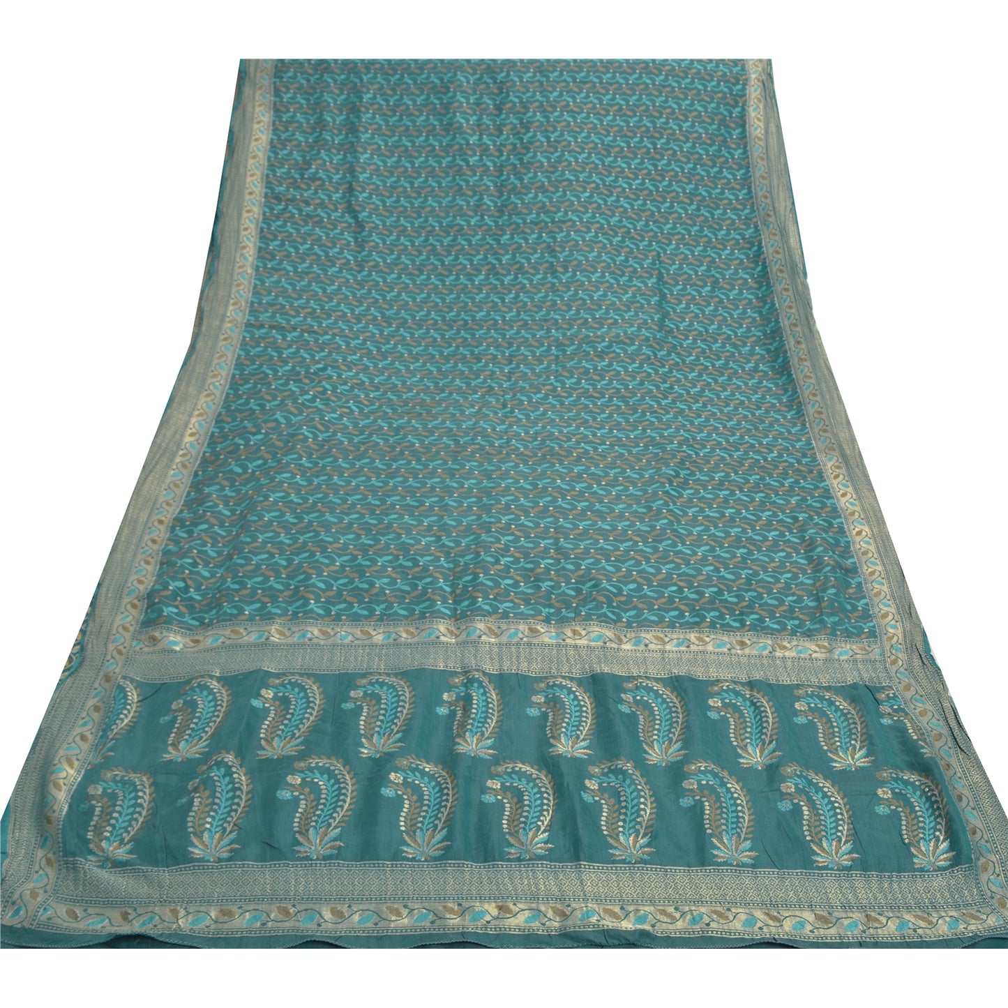 Sanskriti Vintage Heavy Sarees 100% Pure Silk Teel Blue Woven Indian Sari
