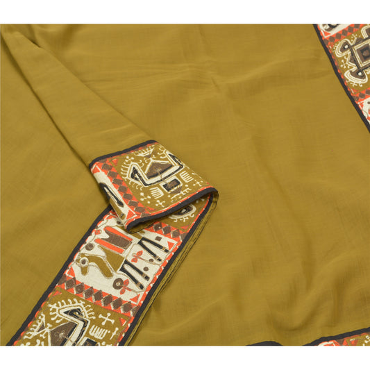 Sanskriti Vintage Green Heavy Sarees Hand Painted Sustainable Fabric Patch Work Sari