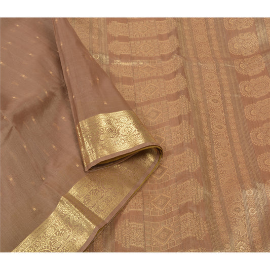 Sanskriti Vintage Brown Heavy Saree Pure Silk Hand Woven Zari Work Sari Sustainable Fabric