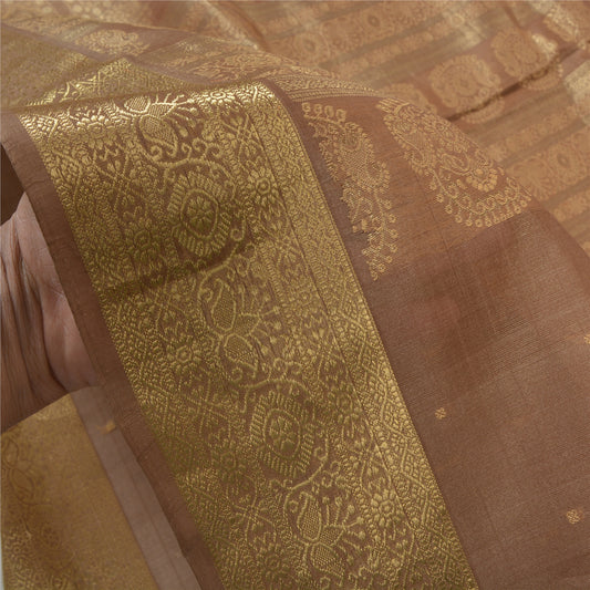 Sanskriti Vintage Brown Heavy Saree Pure Silk Hand Woven Zari Work Sari Sustainable Fabric