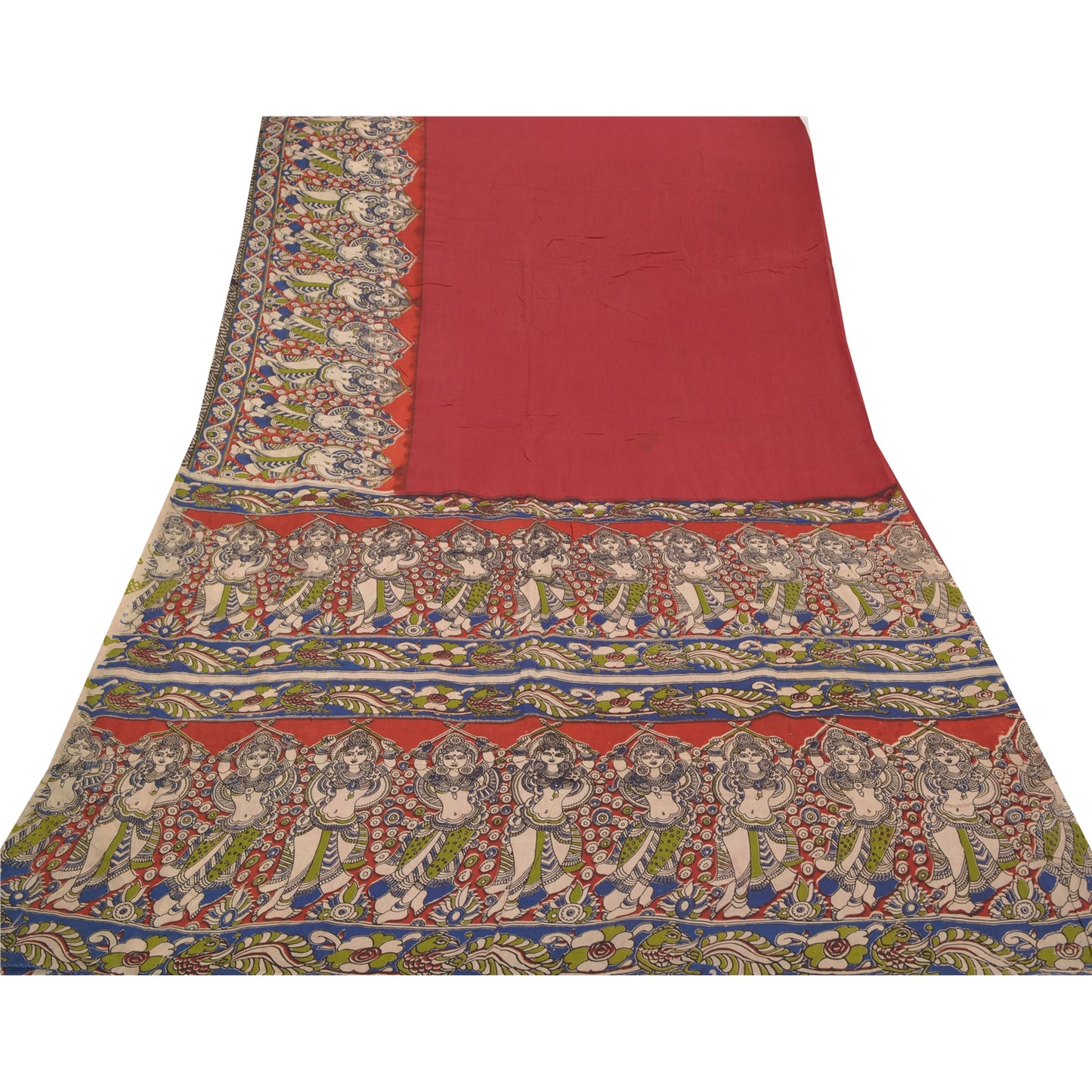 Sanskriti Vintage Red Heavy Sarees 100% Pure Cotton Pattachitra Sari Sustainable Fabric