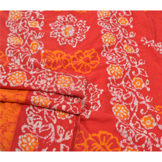 Sanskriti Vintage Pure Cotton Sarees Red Color Batik Work Indian Sari Sustainable Fabric