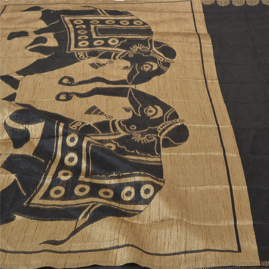 Sanskriti Vintage Heavy Black Sari Art Silk Hand Woven Elephant Sarees Sustainable Fabric