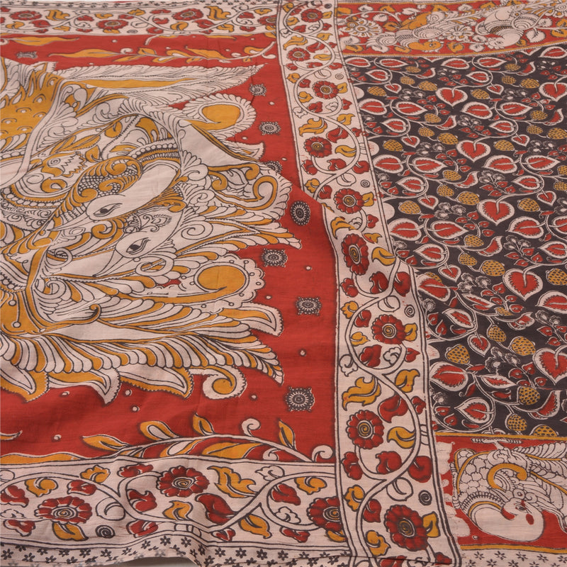 Sanskriti Vintage Kalamkari Peacock Saree Fabric: Vintage Indian 100% Pure Cotton Black & Red Handmade Block Print, 5yd Ideal-Decor, Bag Making