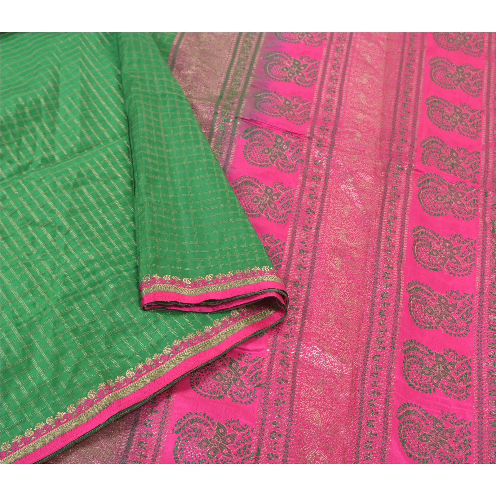 Sanskriti Vintage Saree 100% Pure Silk Heavy Green & Pink Hand Zari Woven Brocade Sarees 5+YD Fabric For Upcycled Sarongs, Scarves, Stole